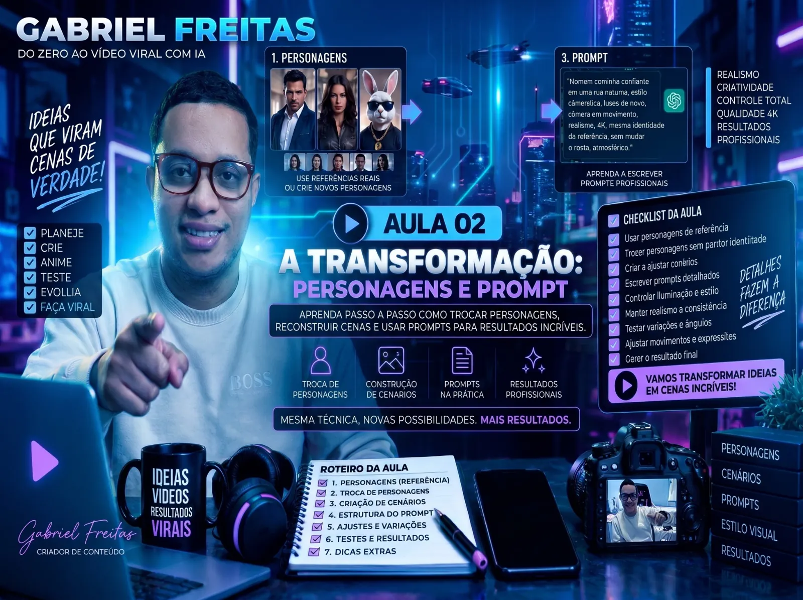 Gabriel Freitas em arte azul e roxa sobre transformação de personagens e prompts